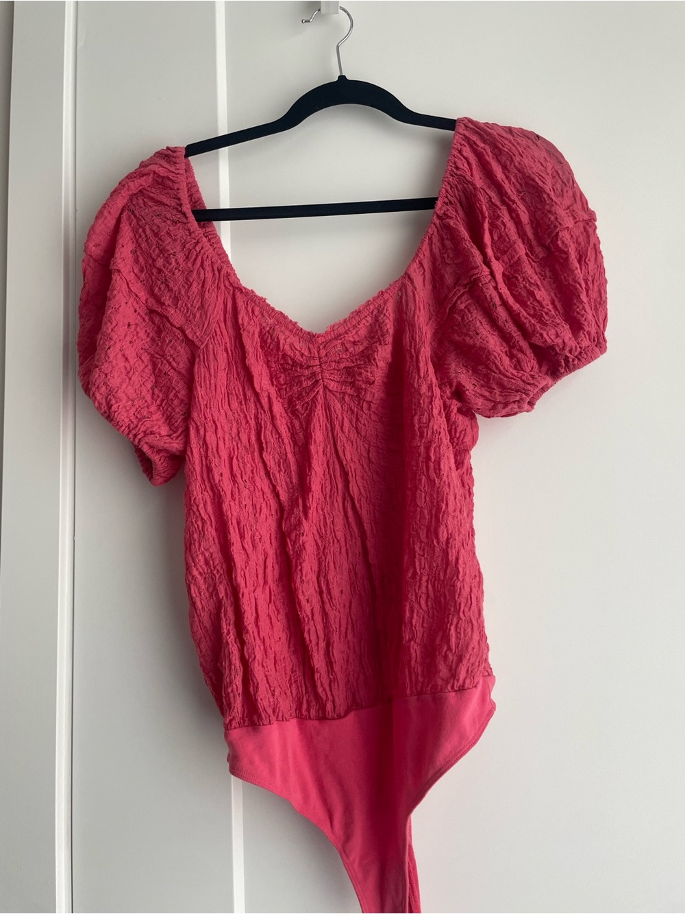Free People Coral Pink Textured Puff-Sleeve Bodysuit